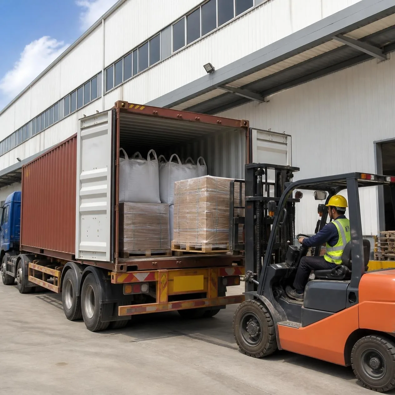 Standard 20ft container loading with palletized mineral bulk bags and heavy duty stretch film Osgood Minerals